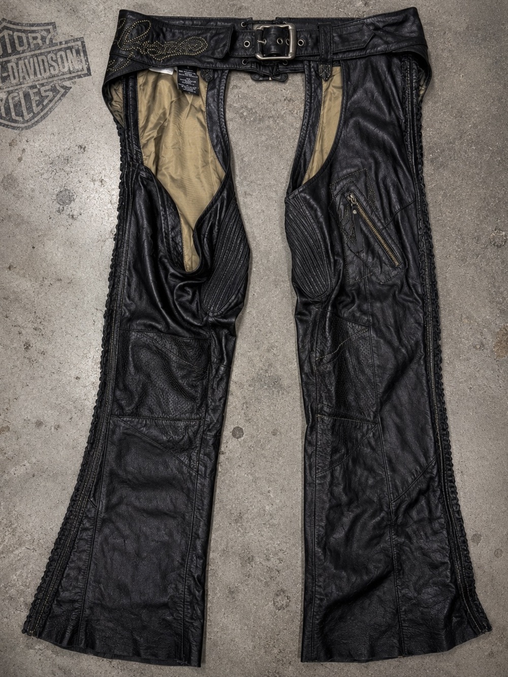 Harley-Davidson Black Leather Chaps with Contrast Stitching